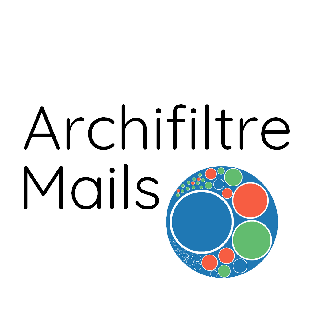 Logo pr&eacute;sentant le nom de l'outil Archifiltre-mails et une visualisation des arborescences de mails dans l'outil avec des cercles de correspondances